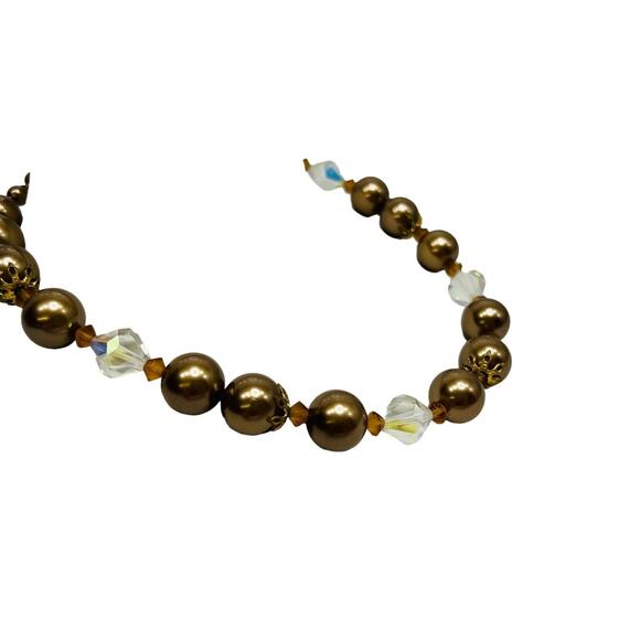 Vintage Lisner Necklace Choker Beaded Strand AB Crystal, Brown, Gold Tone 16 in - Picture 3 of 14